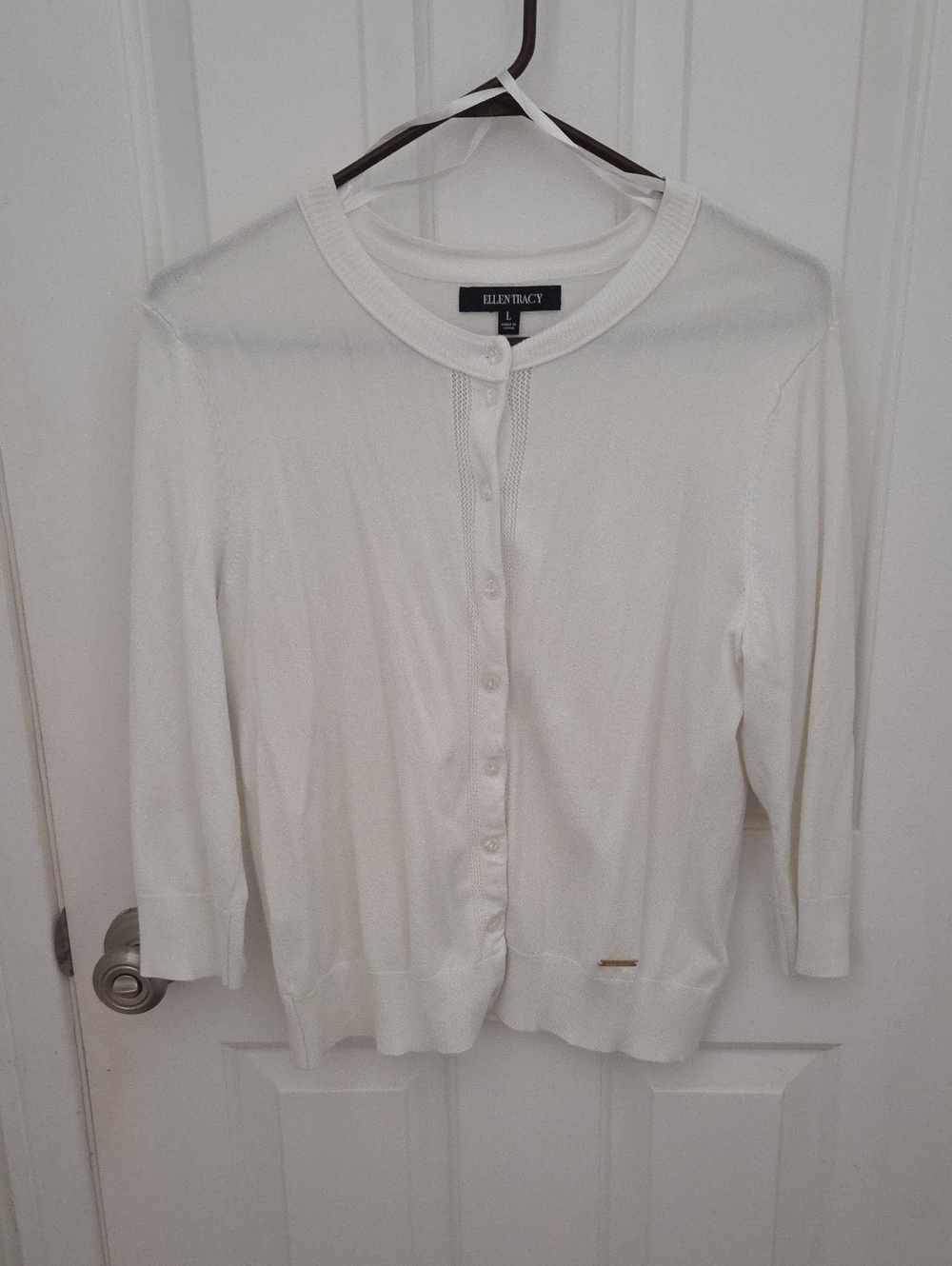 Ellen Tracy Ivory Button-Up Crew Neck Cardigan 3/4 sleeves